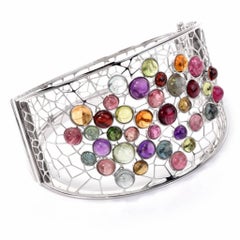 Italian Multi-Gem Cluser White Gold Wide Bangle Bracelet