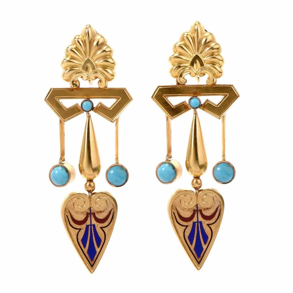 A set of rare antique French 18k yellow gold pendant earrings with matching necklace circa l870.  This quintessentially French antique Etruscan work of art, handcrafted as an exquisite, elaborately detailed and based on sophisticated Etruscan