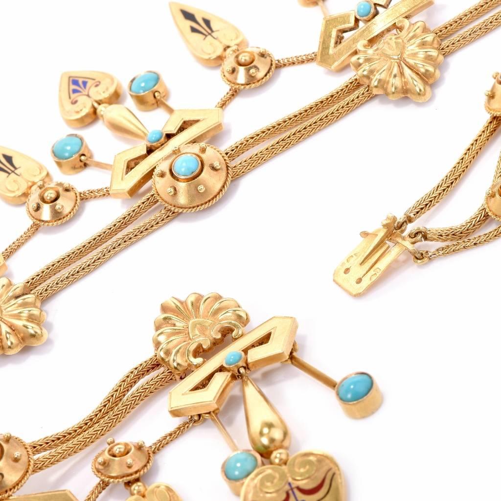 Antique French Egyptian Revival Turquoise and Gold Necklace and Earring Set 3