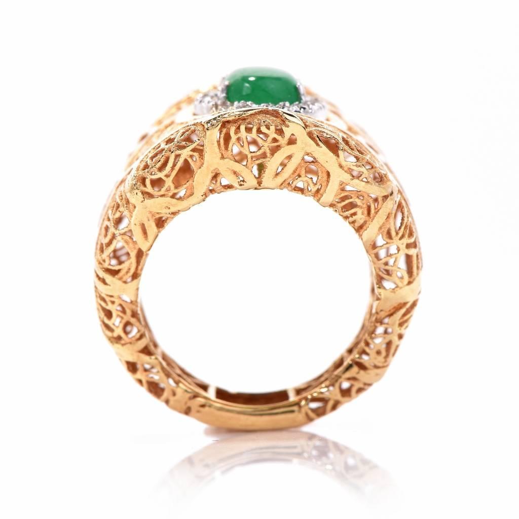 Women's Estate Diamond and Jade 18 Karat Yellow Gold Cocktail Filigree Ring