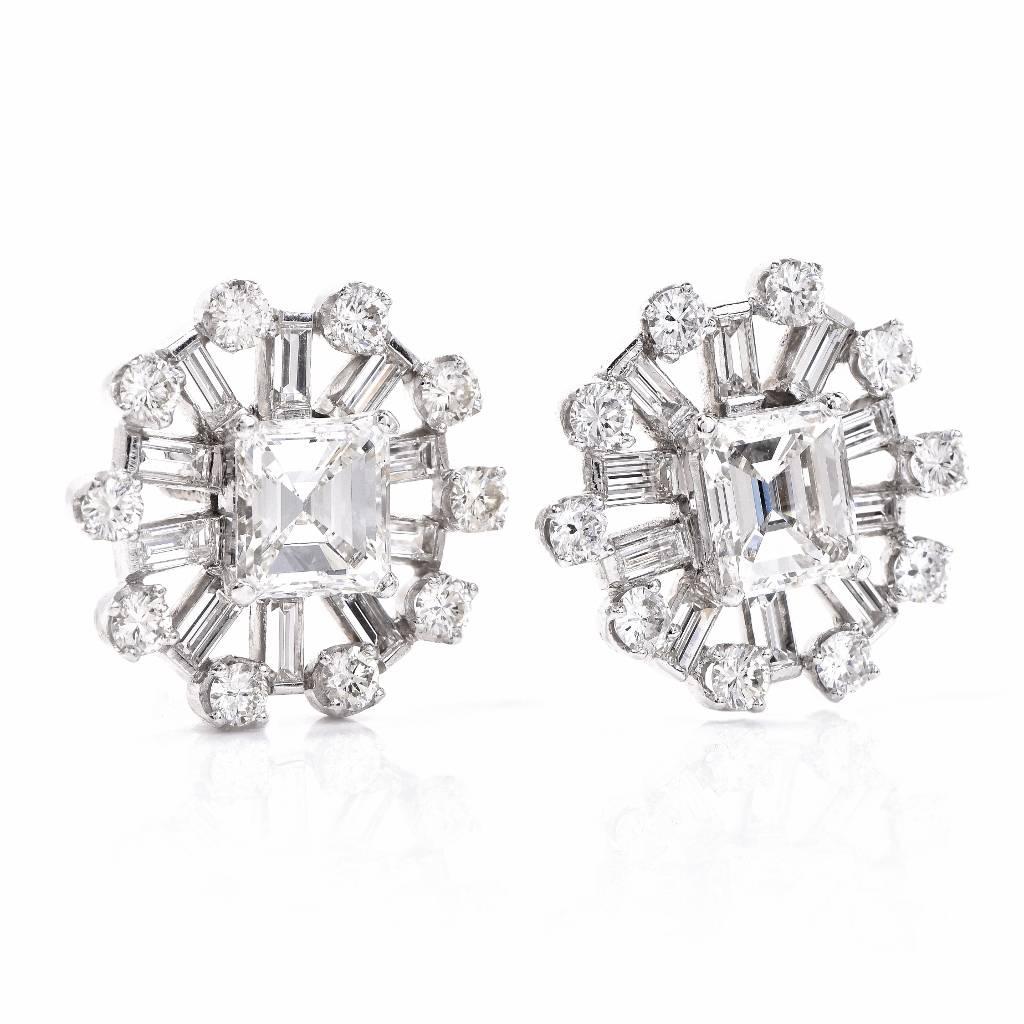 Estate Large GIA Certified Square Diamond Cluster Stud Earring 1