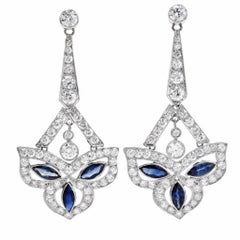 Antique Art Deco Diamond Sapphire Platinum Pendant Earrings