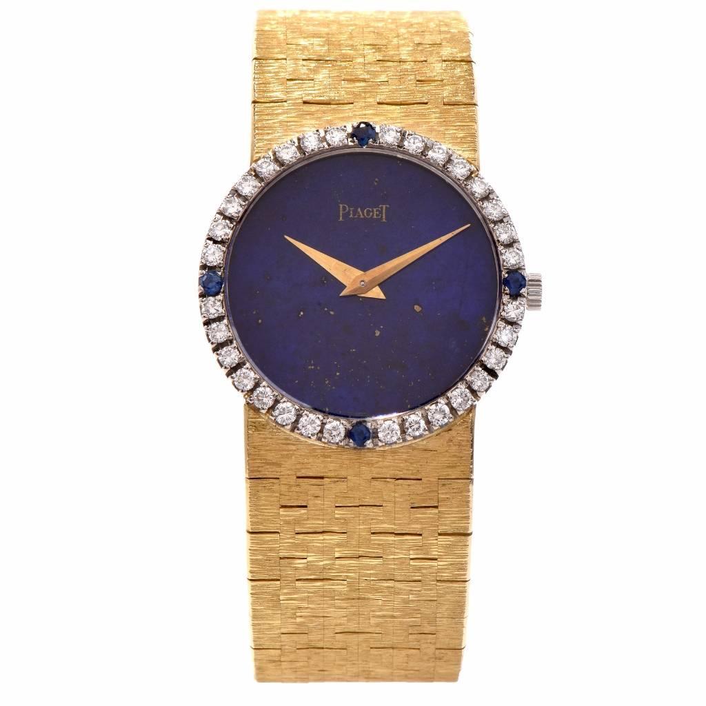 Piaget Ladies Yellow Gold Diamond Lapis Manual Wristwatch In Excellent Condition In Miami, FL