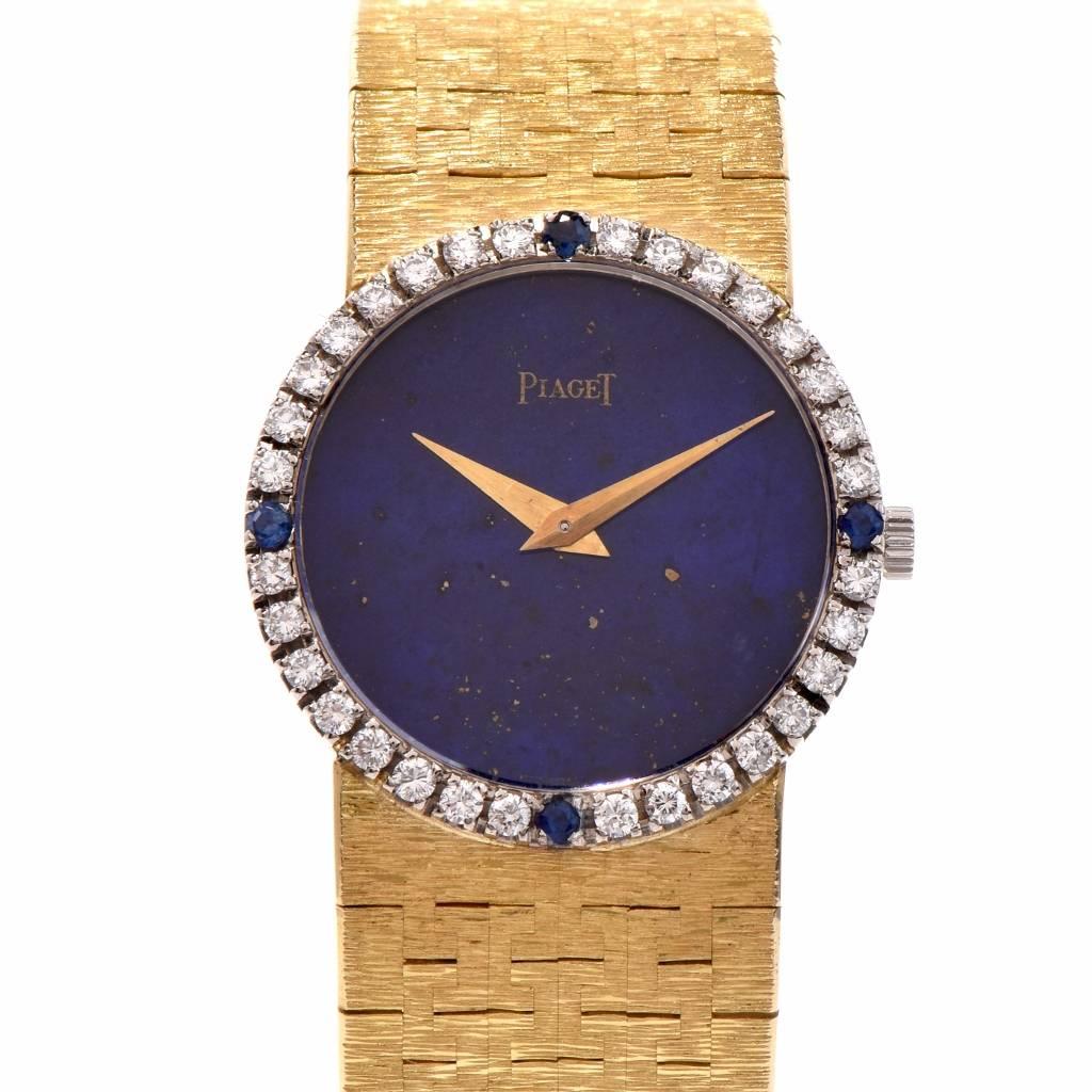 Ladies 18k yellow gold Piaget featuring a natural lapis dial and factory set diamond bezel. The factory set diamond bezel is adorned with 36 round factory-set brilliant cut diamonds weighing an estimated 0.75 cts of the finest quality available. and