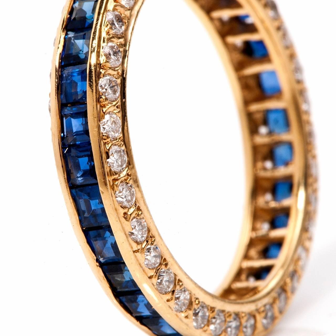1970s Step-Cut Sapphire Diamond Gold Eternity Band In Excellent Condition In Miami, FL