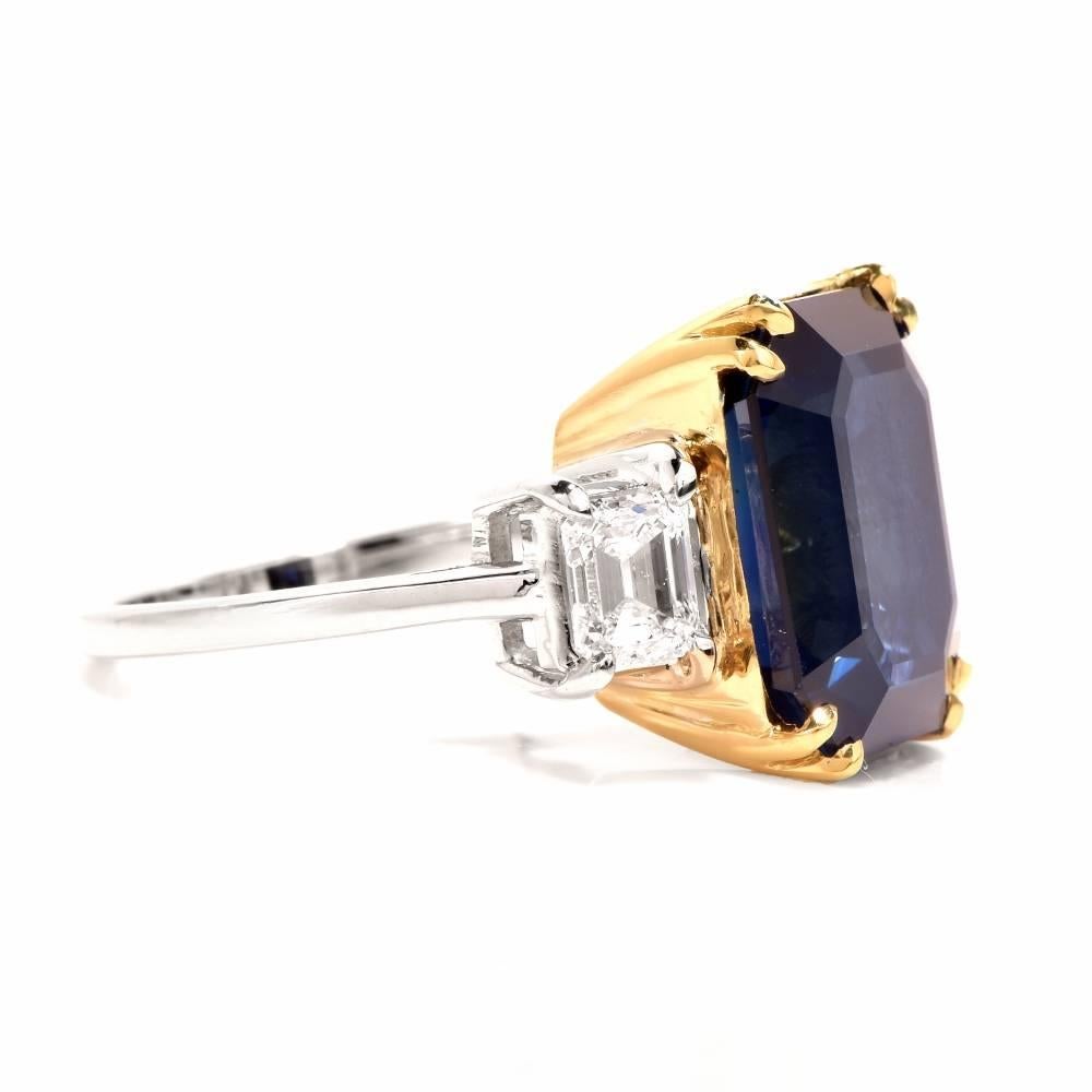 11.88 Carat Emerald-Cut Blue Sapphire Diamond Three-Stone 18 Karat Gold Ring 1