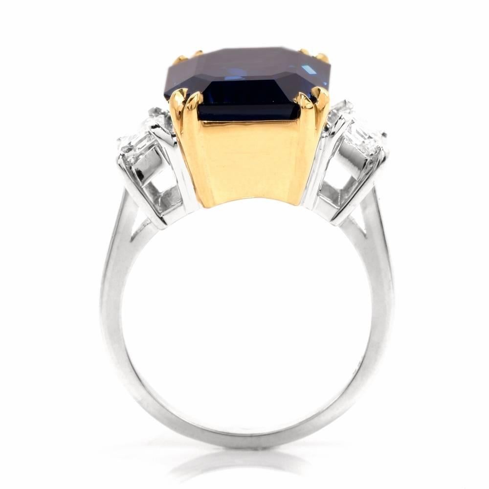 11.88 Carat Emerald-Cut Blue Sapphire Diamond Three-Stone 18 Karat Gold Ring 3