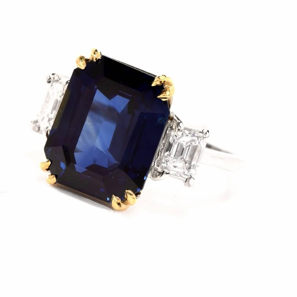 11.88 Carat Emerald-Cut Blue Sapphire Diamond Three-Stone 18 Karat Gold Ring In Excellent Condition In Miami, FL