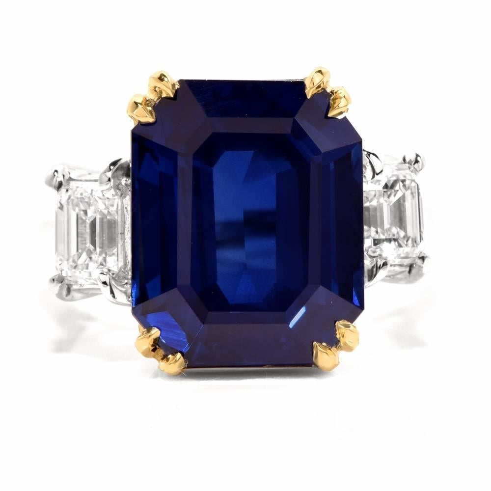 This sparkling Sapphire diamond ring is crafted in solid 18k White and yellow. It exposes at the center a natural corundum heated sapphire of gem Quality blue color with high transparency, measuring 13.71 X 11.15 X 7.071 with AGL certificate,