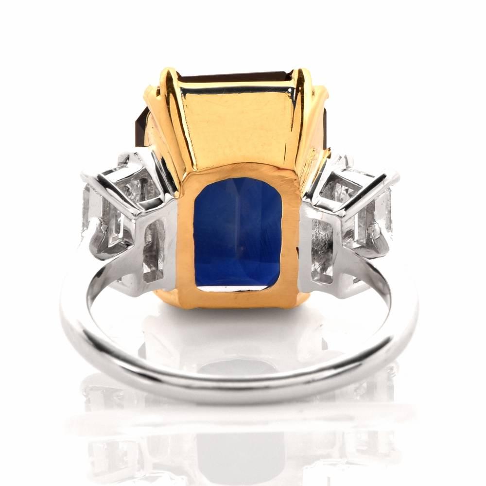 11.88 Carat Emerald-Cut Blue Sapphire Diamond Three-Stone 18 Karat Gold Ring 2