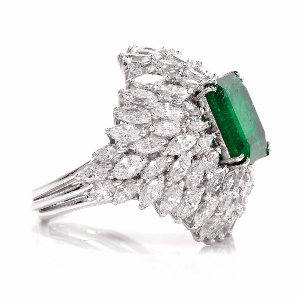 1960s Vintage Diamond Emerald Platinum Cocktail Dome Ring 1