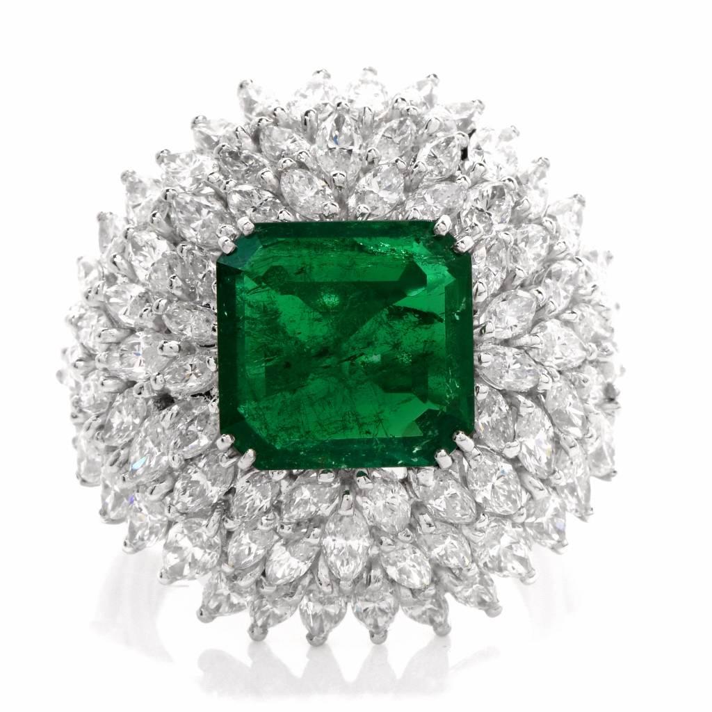 1960s Vintage Diamond Emerald Platinum Cocktail Dome Ring In Excellent Condition In Miami, FL