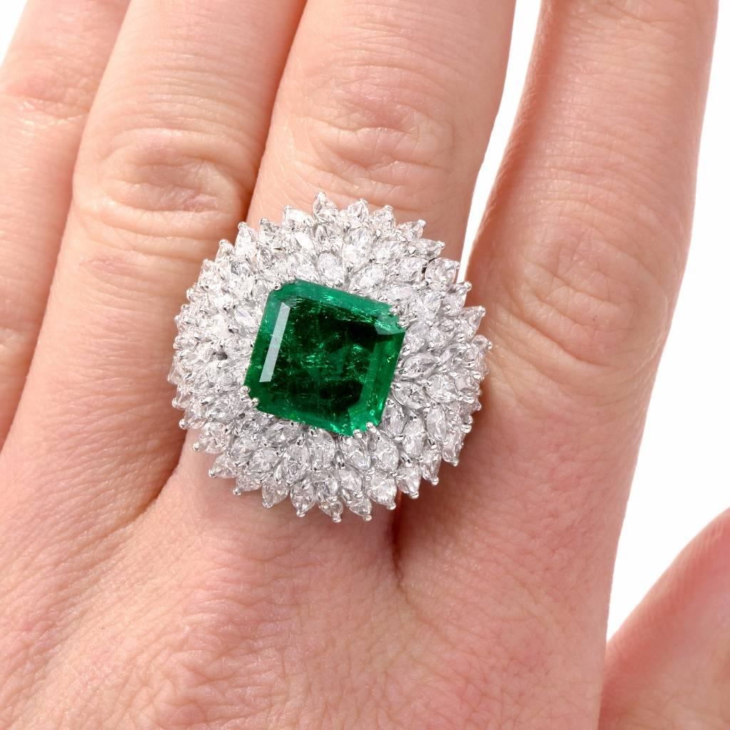 1960s Vintage Diamond Emerald Platinum Cocktail Dome Ring 4
