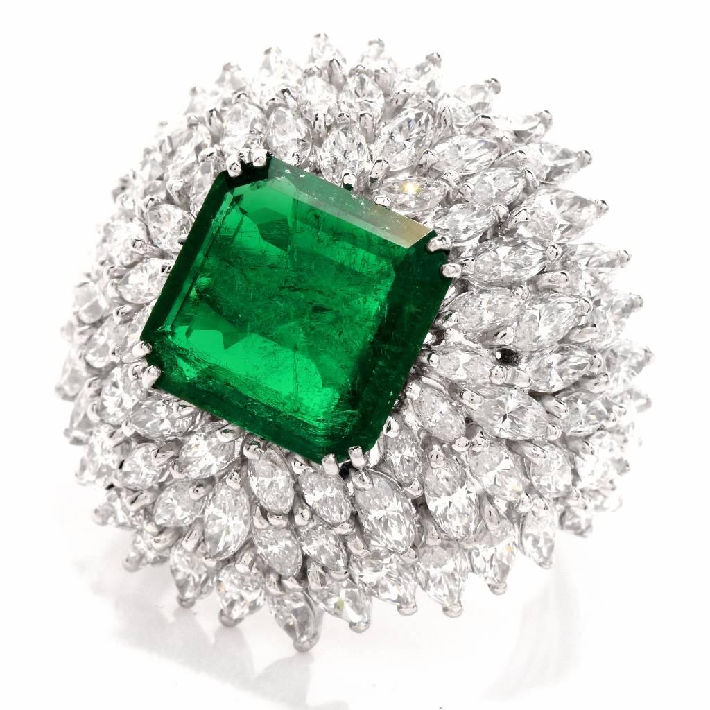 This stunning cocktail dome ring is centered with 1 genuine square cut vibrant high quality Emerald approx: 4.17 carats AGL Certified indication this emerald has no treatment only minor traditional oil; prong set and adorned with over 80 genuine