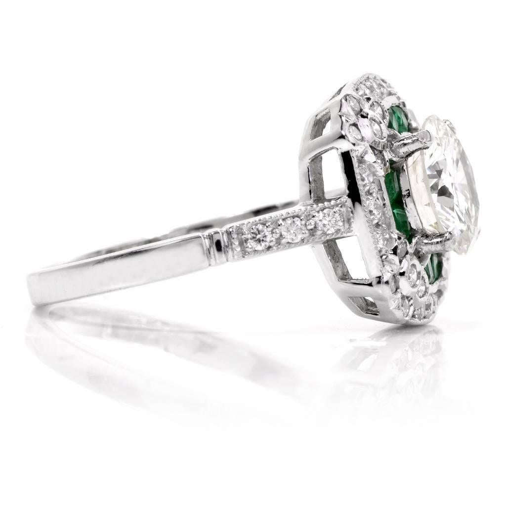  Diamond Emerald Platinum Engagement Ring In Excellent Condition In Miami, FL