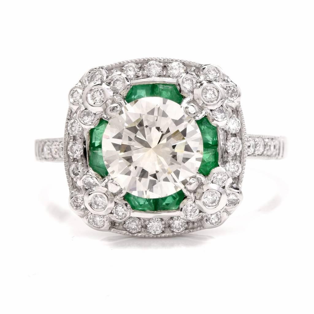 Art Deco  Diamond Emerald Platinum Engagement Ring