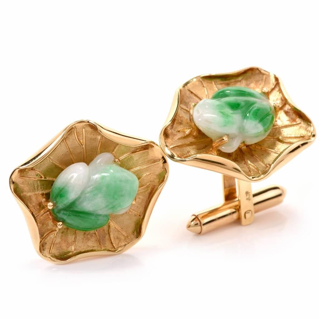 These classically distinct cuff-links are crafted in matted and polished 18K yellow gold, weigh approx. 23.2 grams. These exquisite cuff-links are designed as tri-dimensional floral base centered with 2 genuine carved Jade Frogs. These stylish gold