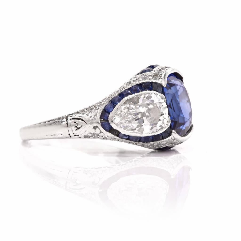 Antique Art Deco No-Heat Ceylon Sapphire Diamond Platinum Ring In Excellent Condition In Miami, FL