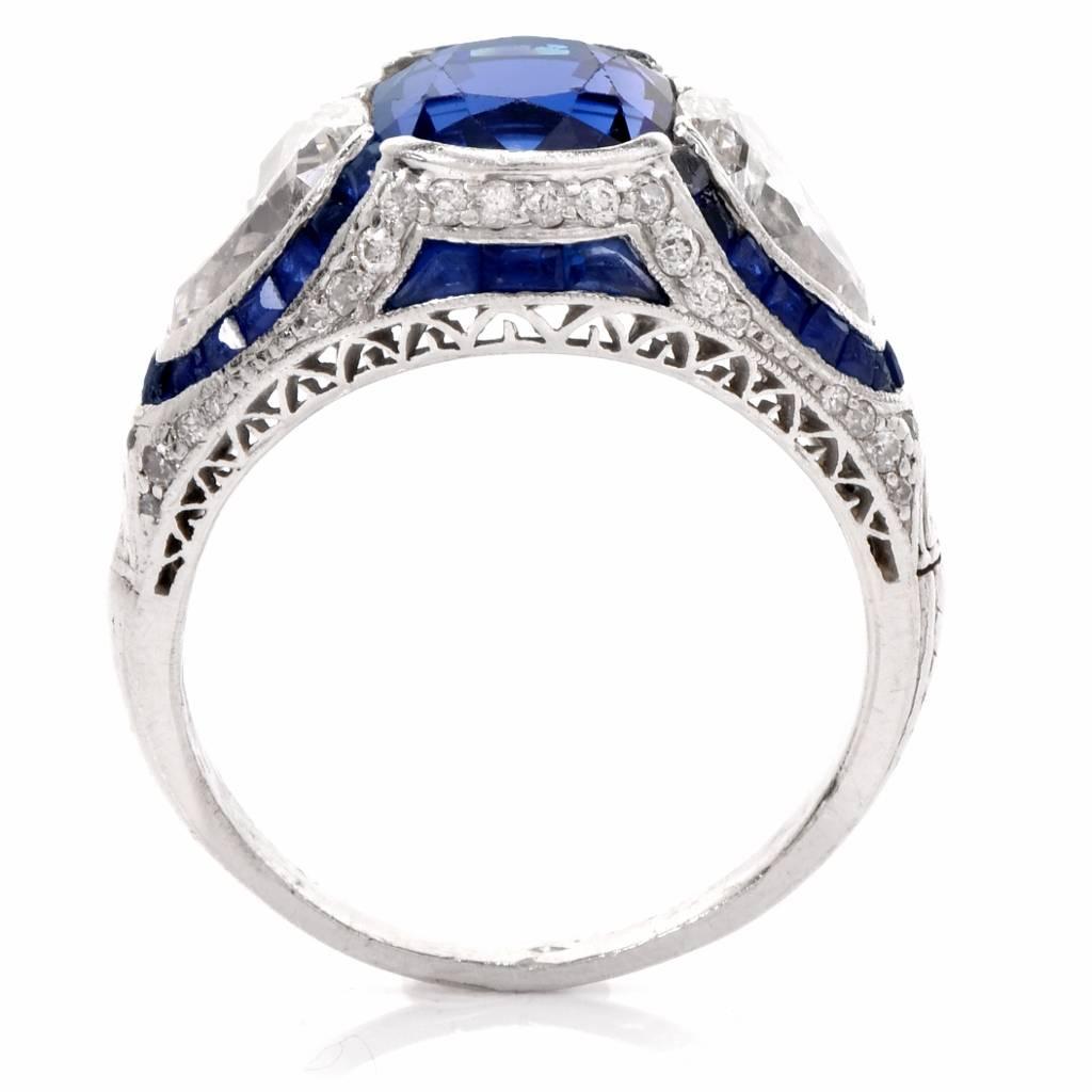 Women's Antique Art Deco No-Heat Ceylon Sapphire Diamond Platinum Ring