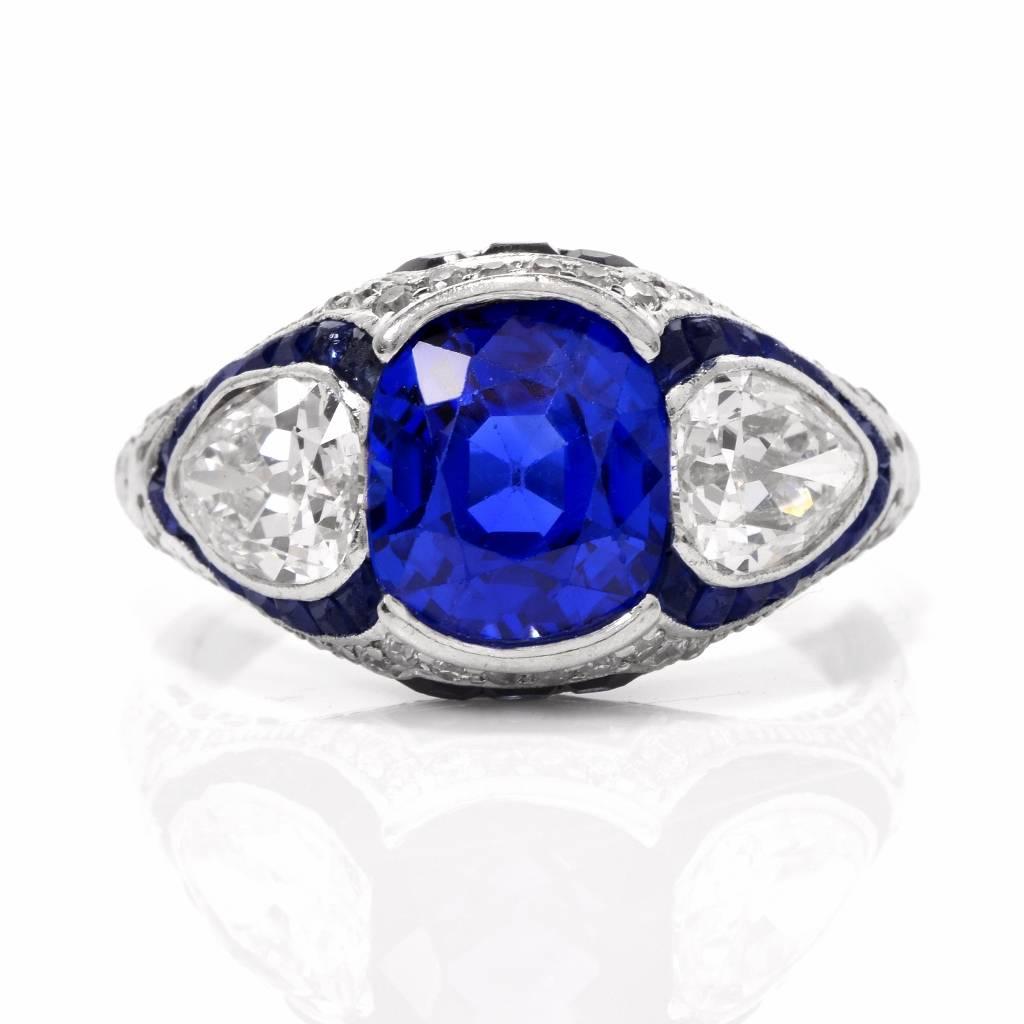Rare antique Sapphire & Diamond  ring  from art deco area, all original is crafted in solid platinum, and centered with 1 genuine cushion Sapphire from Ceylon original approx: 5.40 carats, accompanied by its AGL lab report to be all natural without