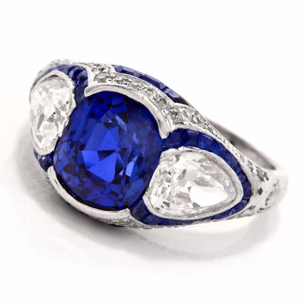 Antique Art Deco No-Heat Ceylon Sapphire Diamond Platinum Ring 2
