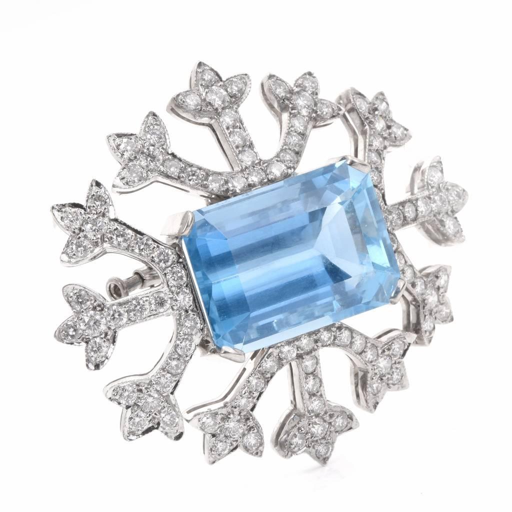 Emerald Cut 1960s  Diamond Aquamarine Gold Snowflake Pin Brooch and Pendant