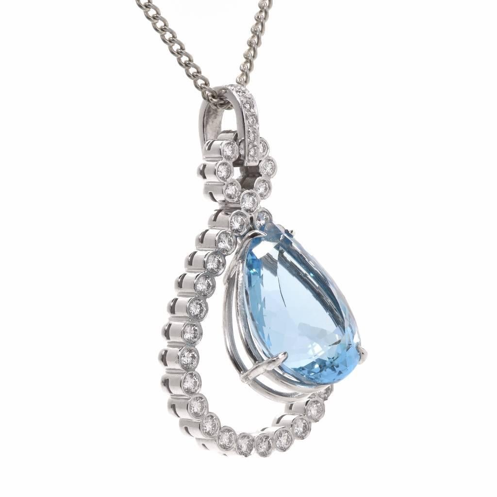Women's Pear Aquamarine Diamond 18K Gold Dangle Drop Pendant 
