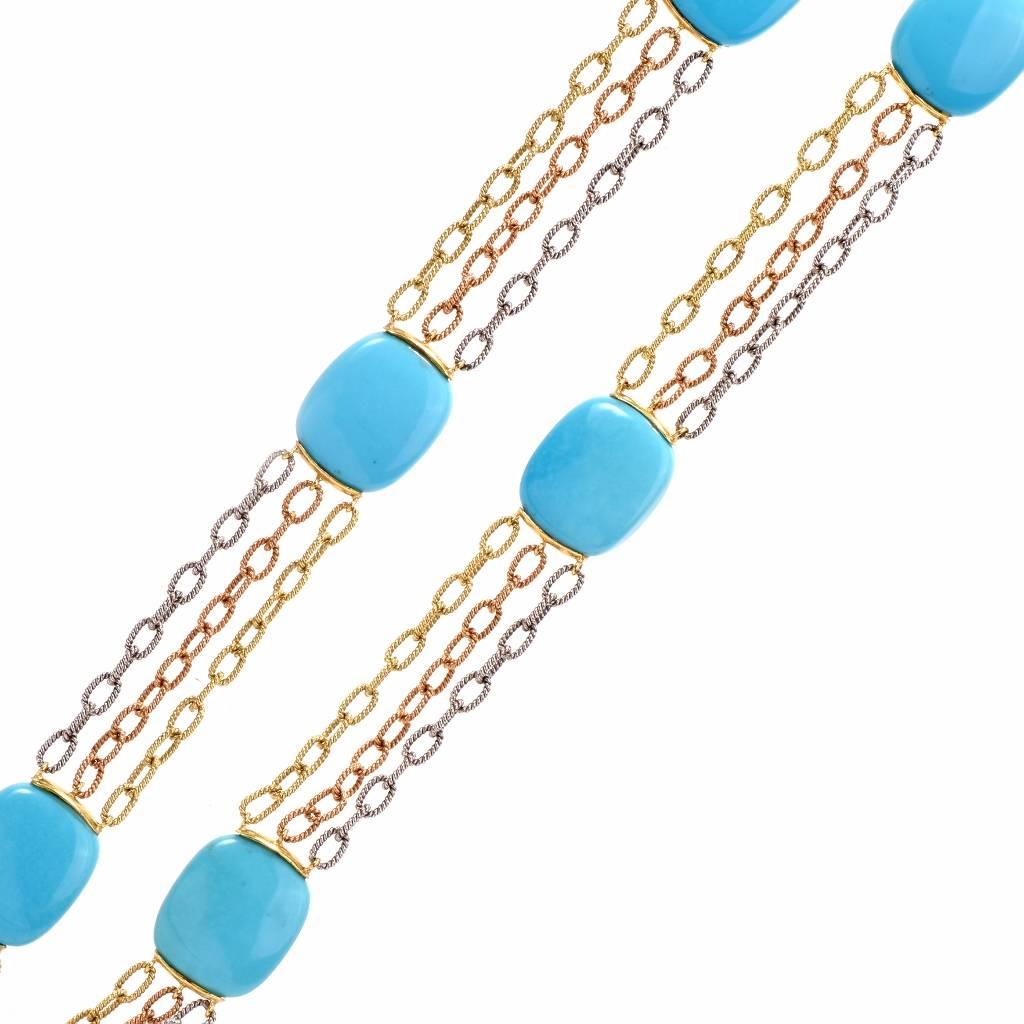 1960s Turquoise 18K Three-Tone Gold Chain Necklace  In Excellent Condition In Miami, FL