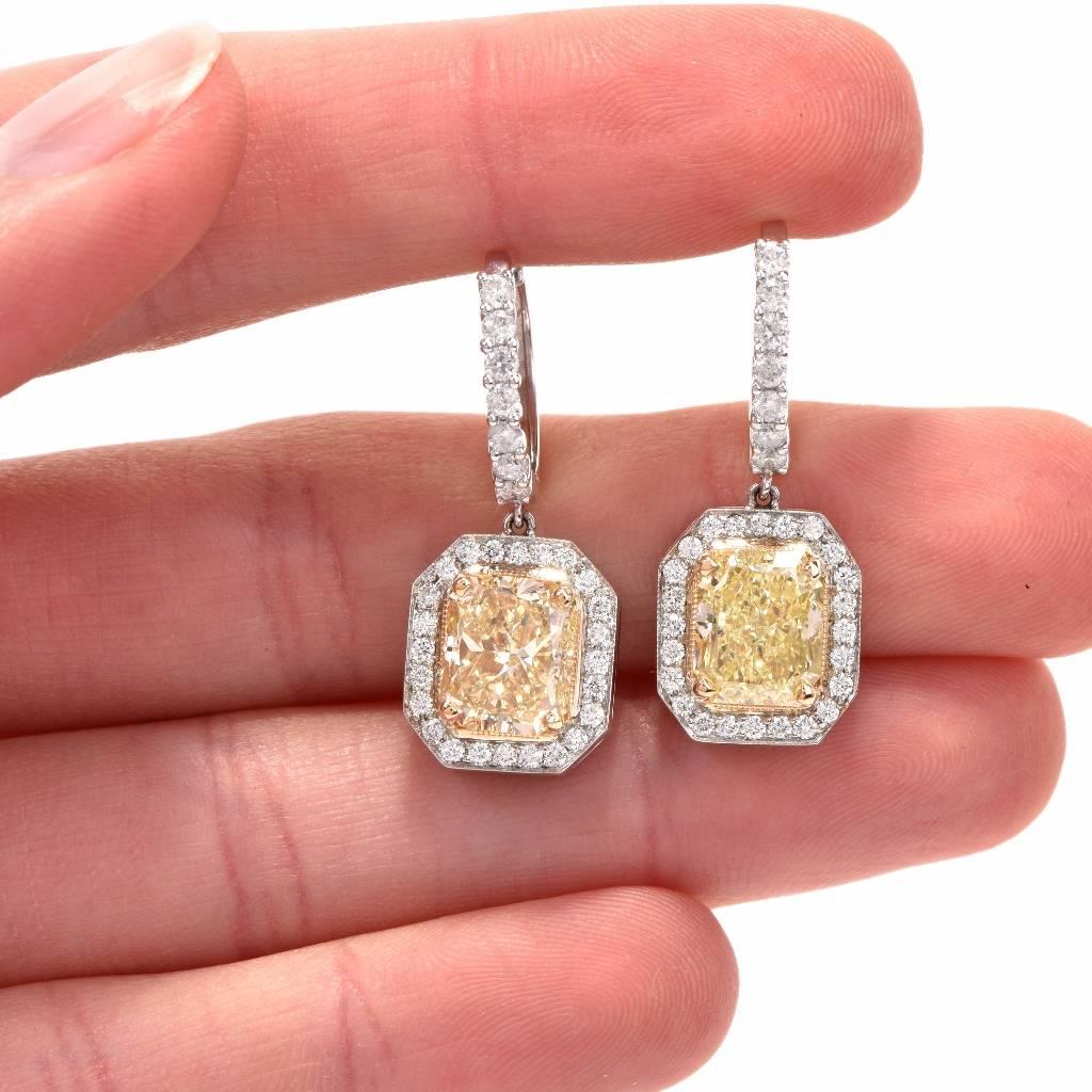 L 7.77 Carat Natura Yellow Diamond Gold Dangle Earrings In Excellent Condition In Miami, FL