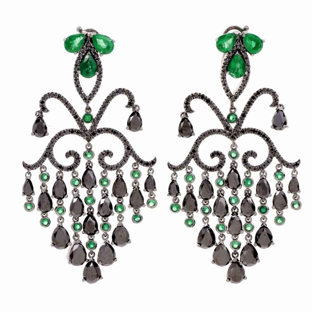 Georgian Style Emerald Diamond Cascading Chandelier Drop Earrings