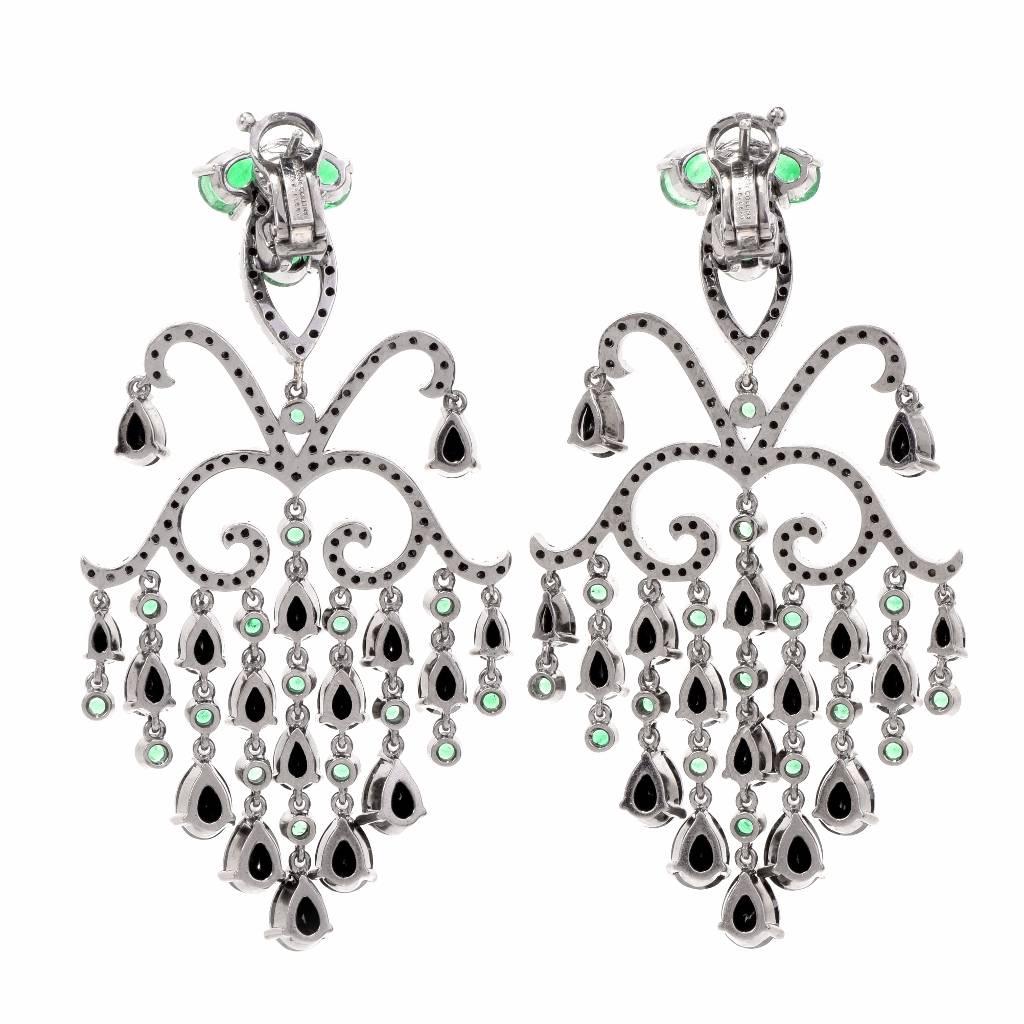 Women's Georgian Style Emerald Diamond Cascading Chandelier Drop Earrings