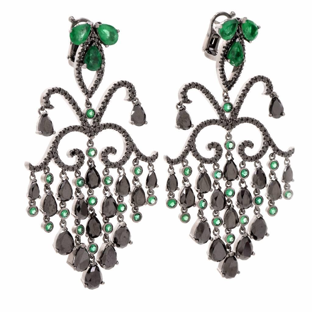 Georgian Style Emerald Diamond Cascading Chandelier Drop Earrings In Excellent Condition In Miami, FL