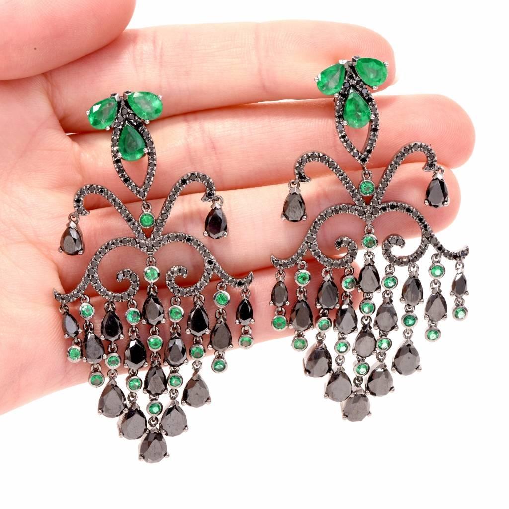 Edwardian Georgian Style Emerald Diamond Cascading Chandelier Drop Earrings