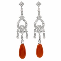 21st Century Diamond Red Coral 18 Karat Gold Drop Earrings