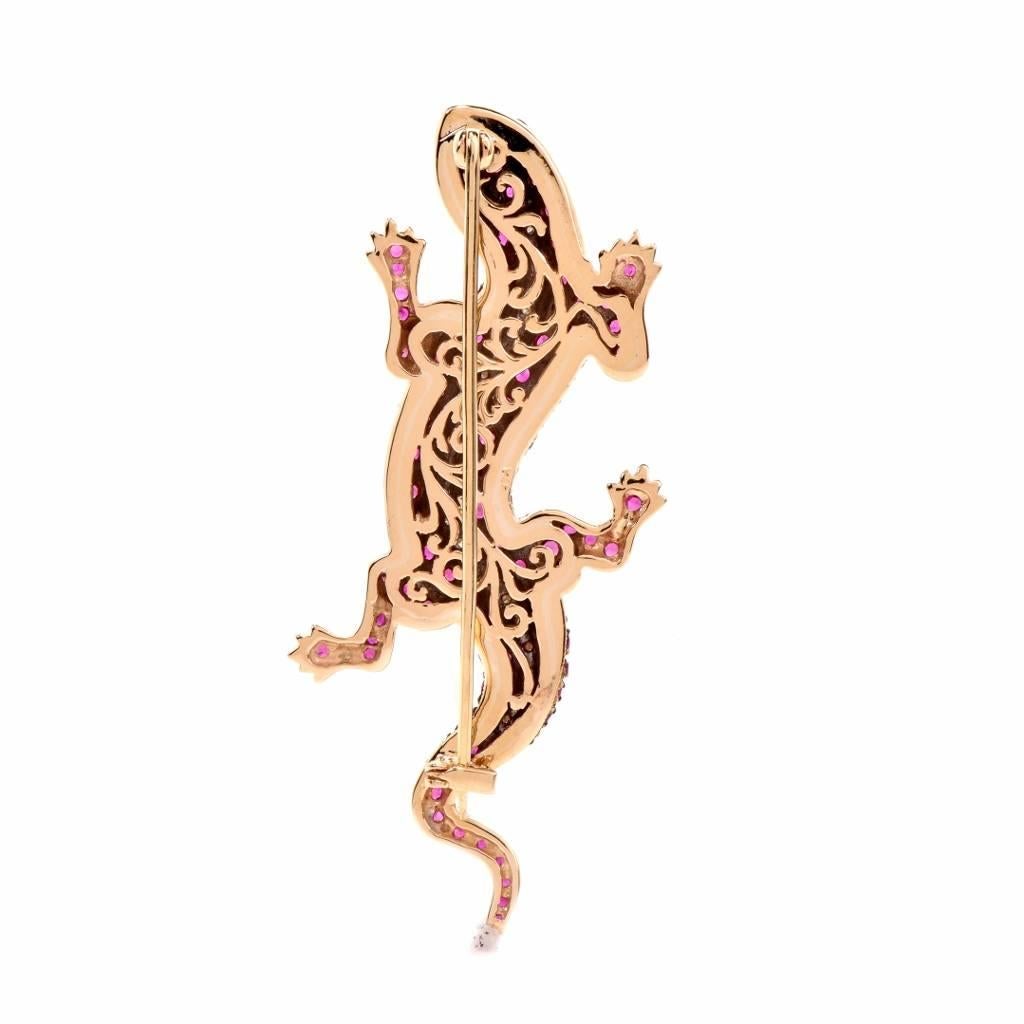 1980s Ruby Emerald Gold Lizard Pin Brooch 1