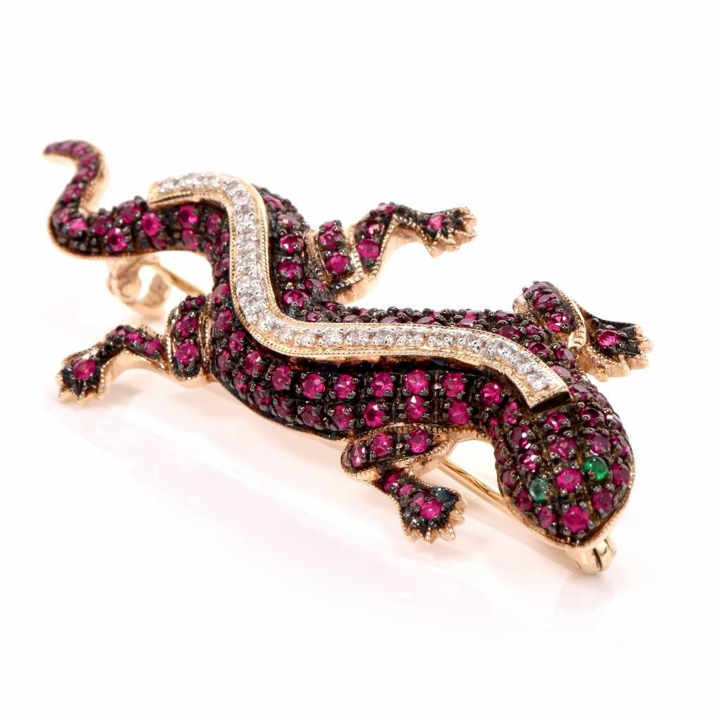 Art Nouveau 1980s Ruby Emerald Gold Lizard Pin Brooch