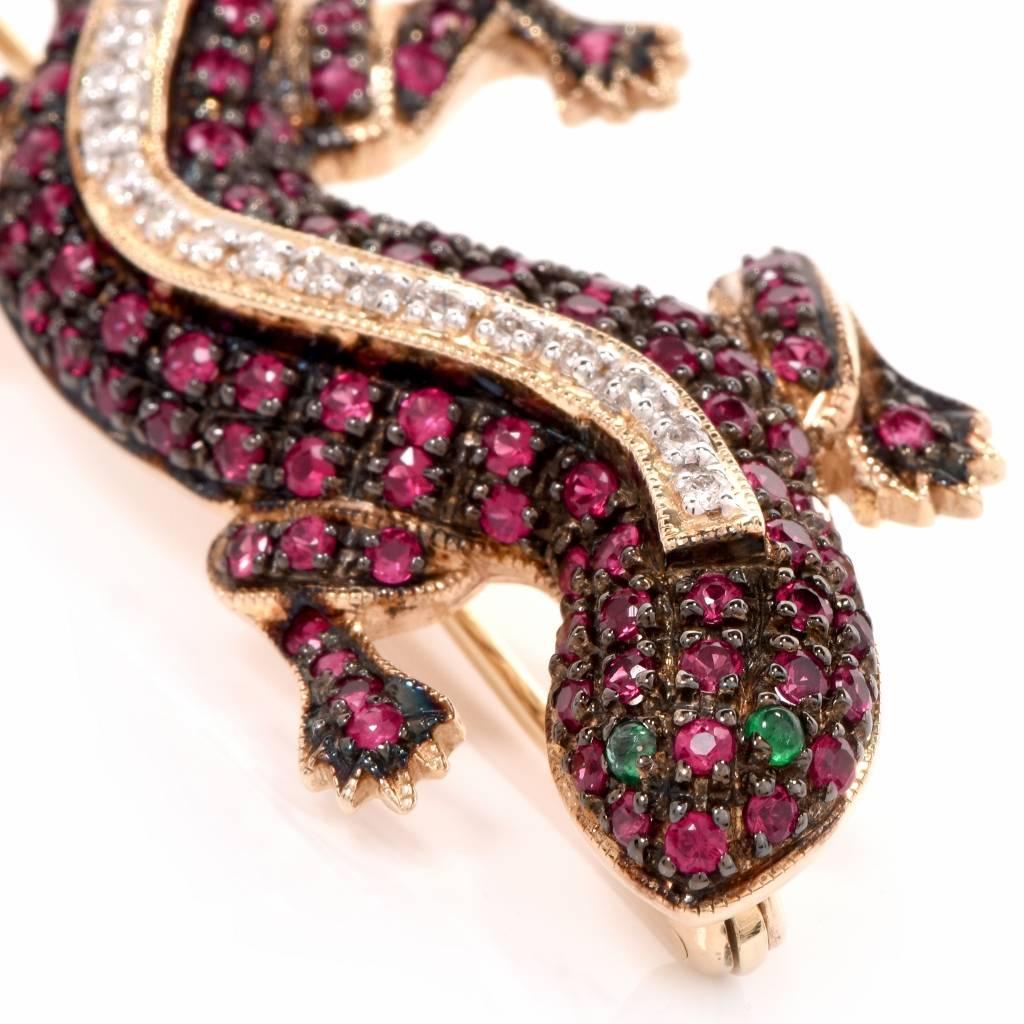 Women's 1980s Ruby Emerald Gold Lizard Pin Brooch