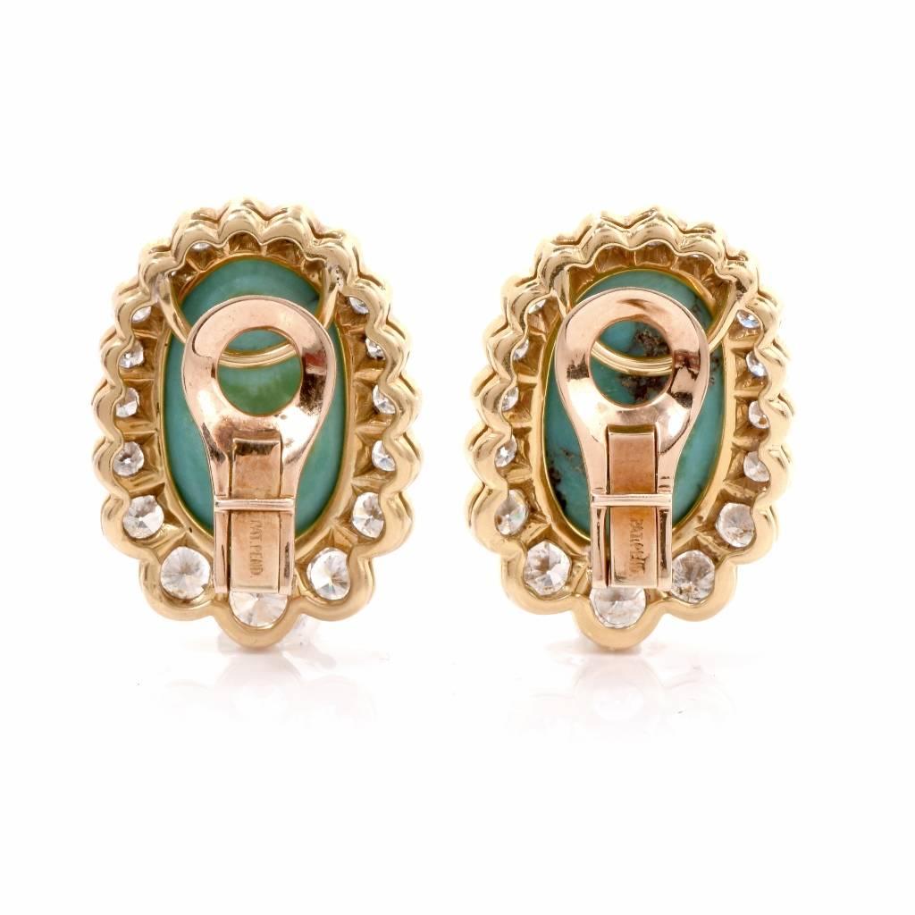  Diamond Turquoise 18 Karat Gold Clip-Back Earrings In Excellent Condition In Miami, FL