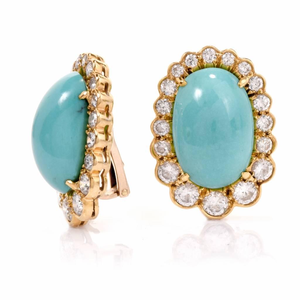 Women's  Diamond Turquoise 18 Karat Gold Clip-Back Earrings