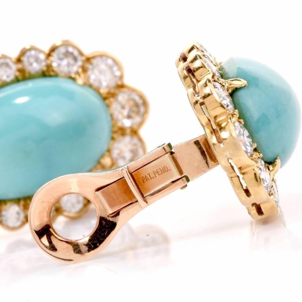  Diamond Turquoise 18 Karat Gold Clip-Back Earrings 1
