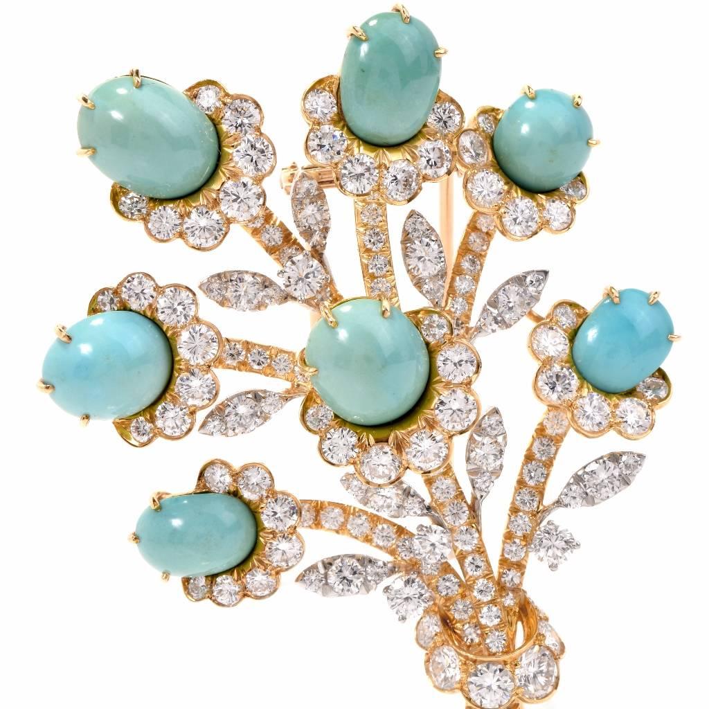 This magnificent 1960's vintage Van Cleef and Arpel flower Brooch Pin is crafted in solid 18K yellow gold. It is decorated with 7 genuine Genuine Persian turquoise approx. 31.00 carats and Leaves and branches are set with some High quality round