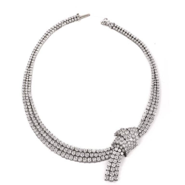 Stunning Diamond Platinum Riviere Ribbon Necklace In Good Condition In Miami, FL