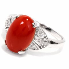 20th Century Red Coral Cabochon Diamond Gold Ring