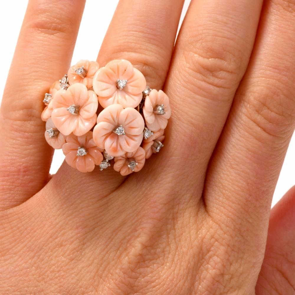 21st Century Angel Skin Coral Diamond 18k White Gold Flower Cocktail Ring In Excellent Condition In Miami, FL