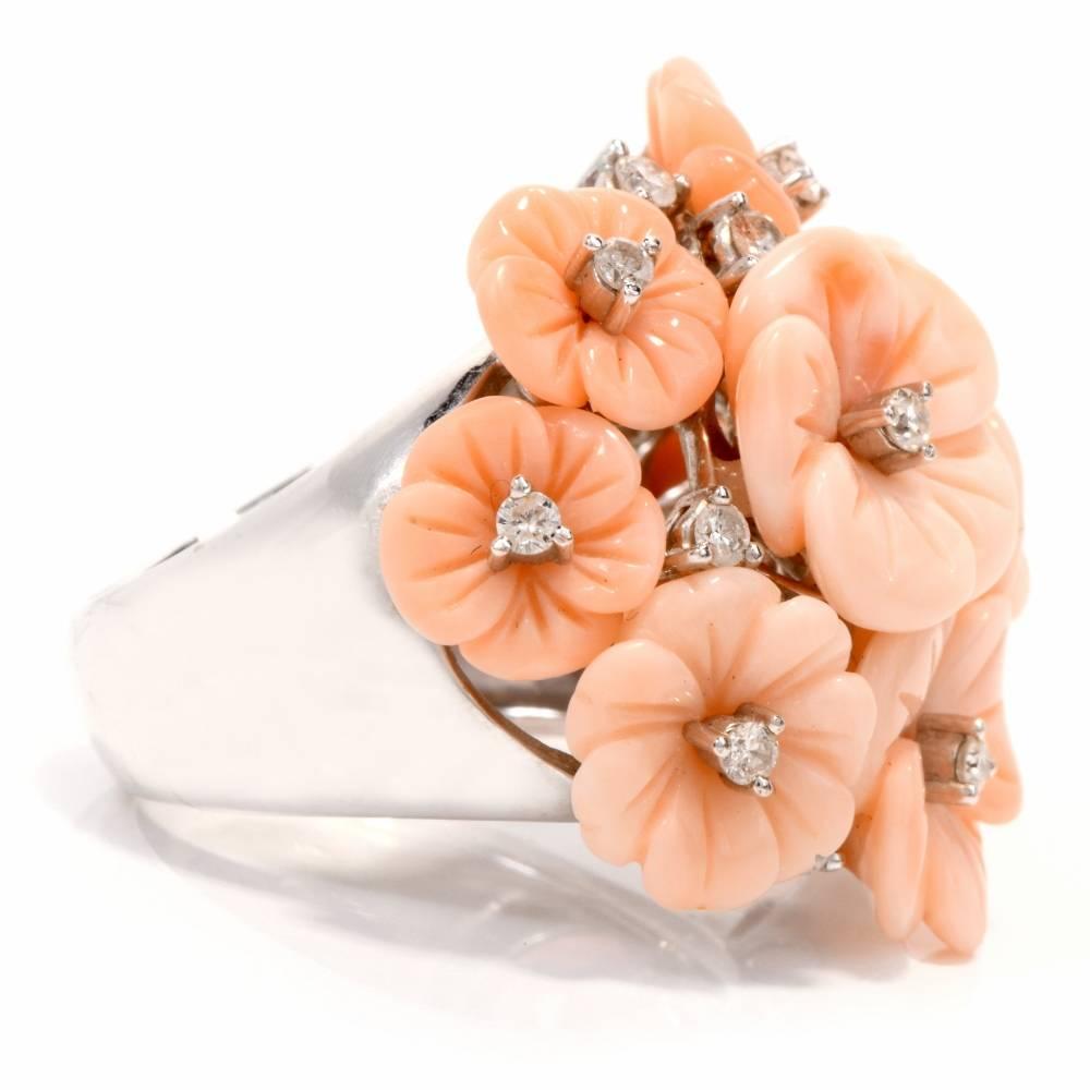 Artisan 21st Century Angel Skin Coral Diamond 18k White Gold Flower Cocktail Ring