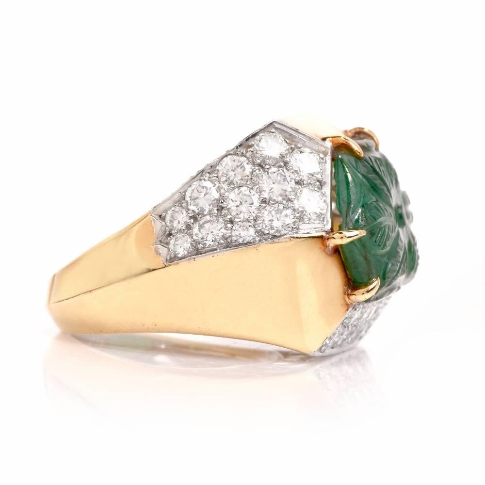 1970's Carved Emerald Diamond Yellow Gold Cocktail Ring In Excellent Condition In Miami, FL