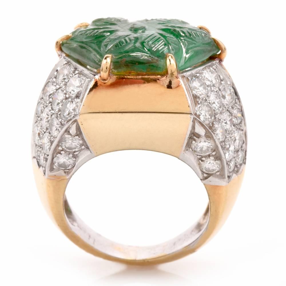 1970's Carved Emerald Diamond Yellow Gold Cocktail Ring 1