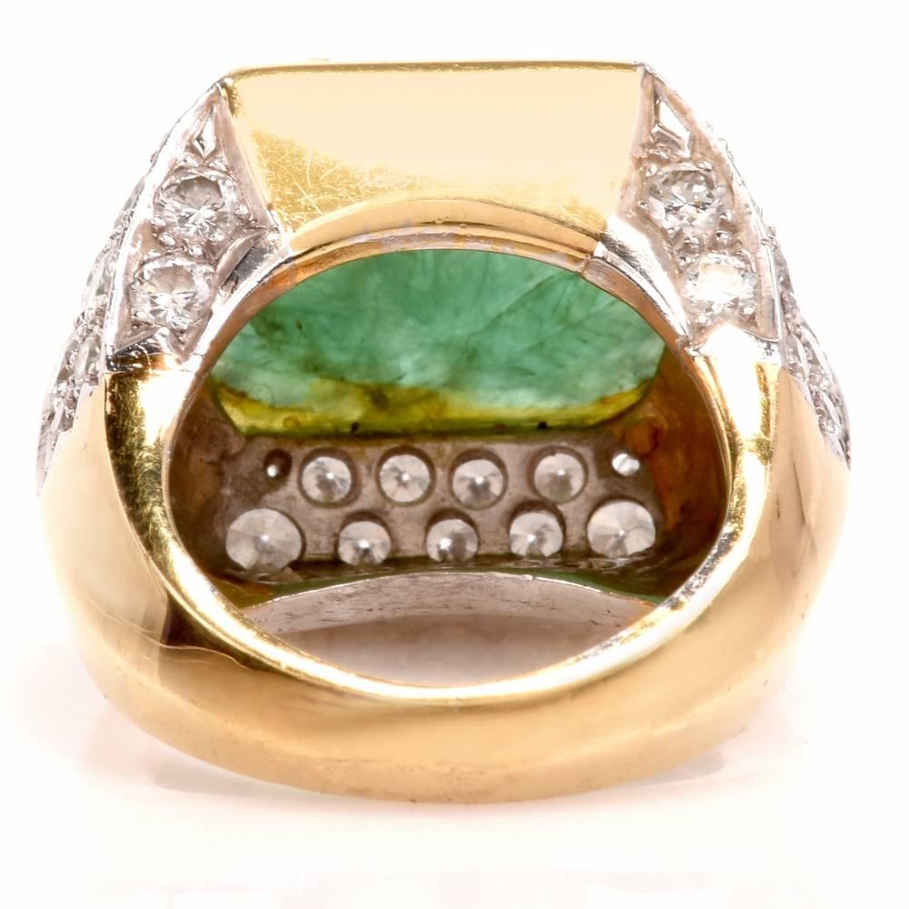 Women's 1970's Carved Emerald Diamond Yellow Gold Cocktail Ring