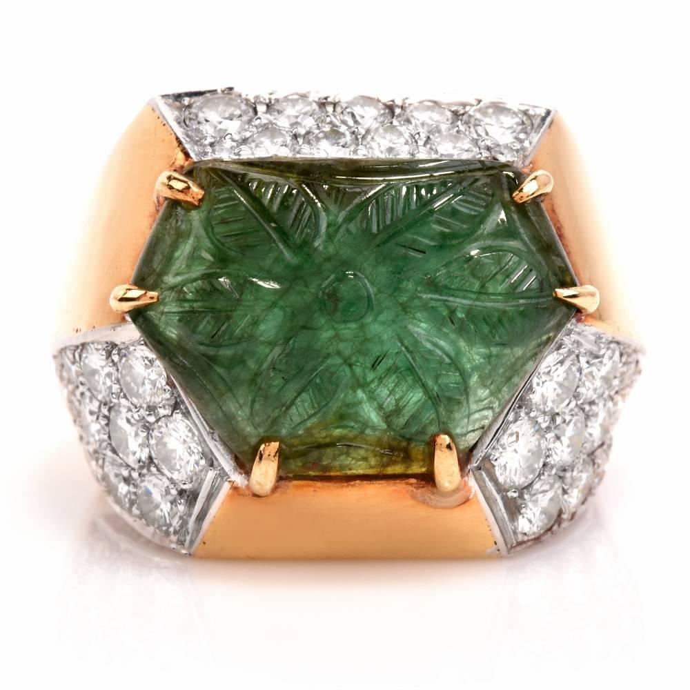 Modern 1970's Carved Emerald Diamond Yellow Gold Cocktail Ring