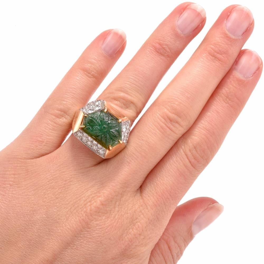 1970's Carved Emerald Diamond Yellow Gold Cocktail Ring 3